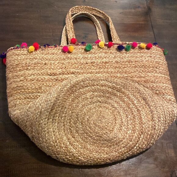Shiraleah Woven Jute Tote with Colorful Pom Poms - Picture 6 of 6